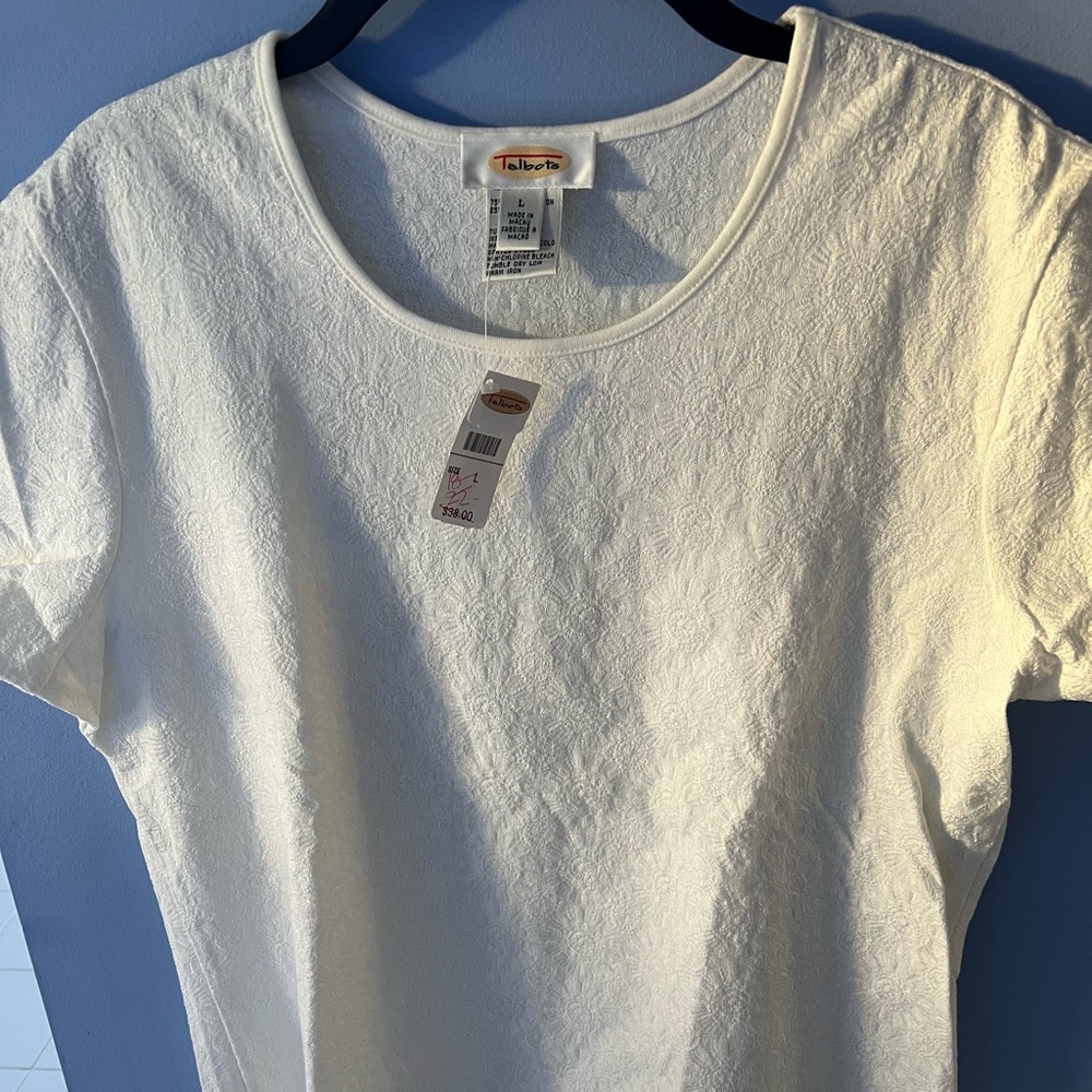 Talbots White Floral Embroidered Tee.   Size L.   New with tags.